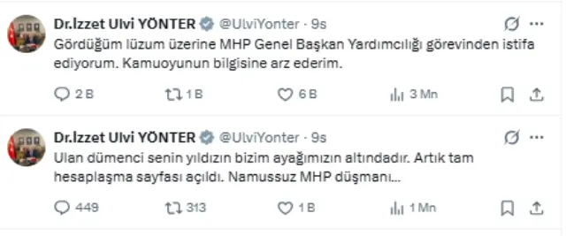 MHP’li Yönter’in istifası sonrası Cumhurbaşkanı Başdanışmanı Saral’dan dikkat çeken mesaj
